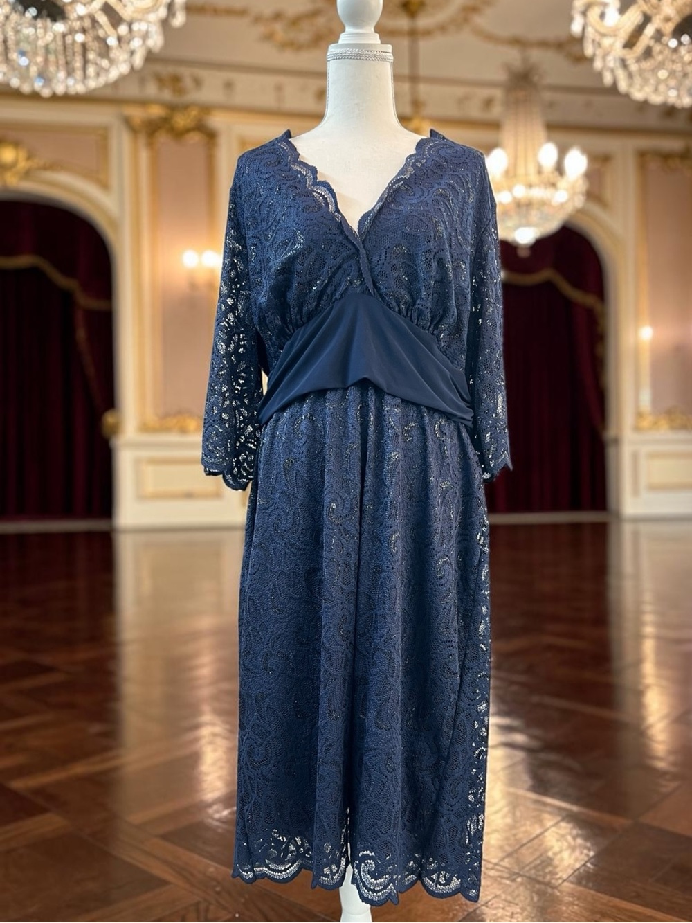 Kiyonna Navy Lace Cocktail Dress with Draped Waist 2X